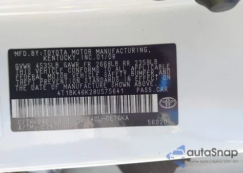 2008 Toyota Camry Xle V6 из США, поврежденный, VIN 4T1BK46K28U575641